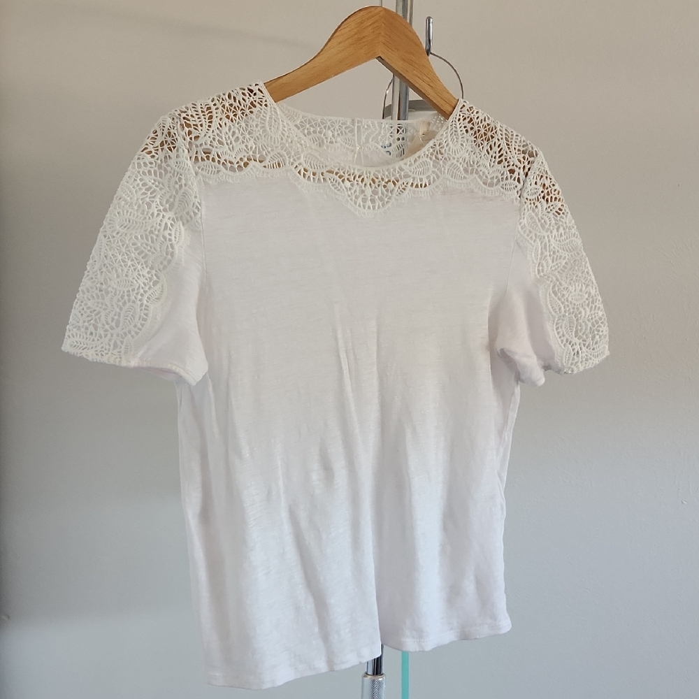 Sezane Lorena White Lace Tshirt Ecru, Small